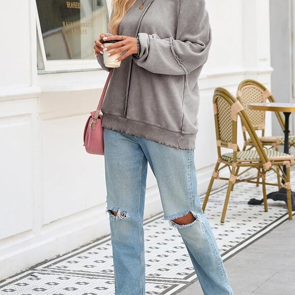 Womens Oversized Off The Shoulder Sweatshirt Casual Crewneck Long Sleeve Reverse - Picture 6 of 7